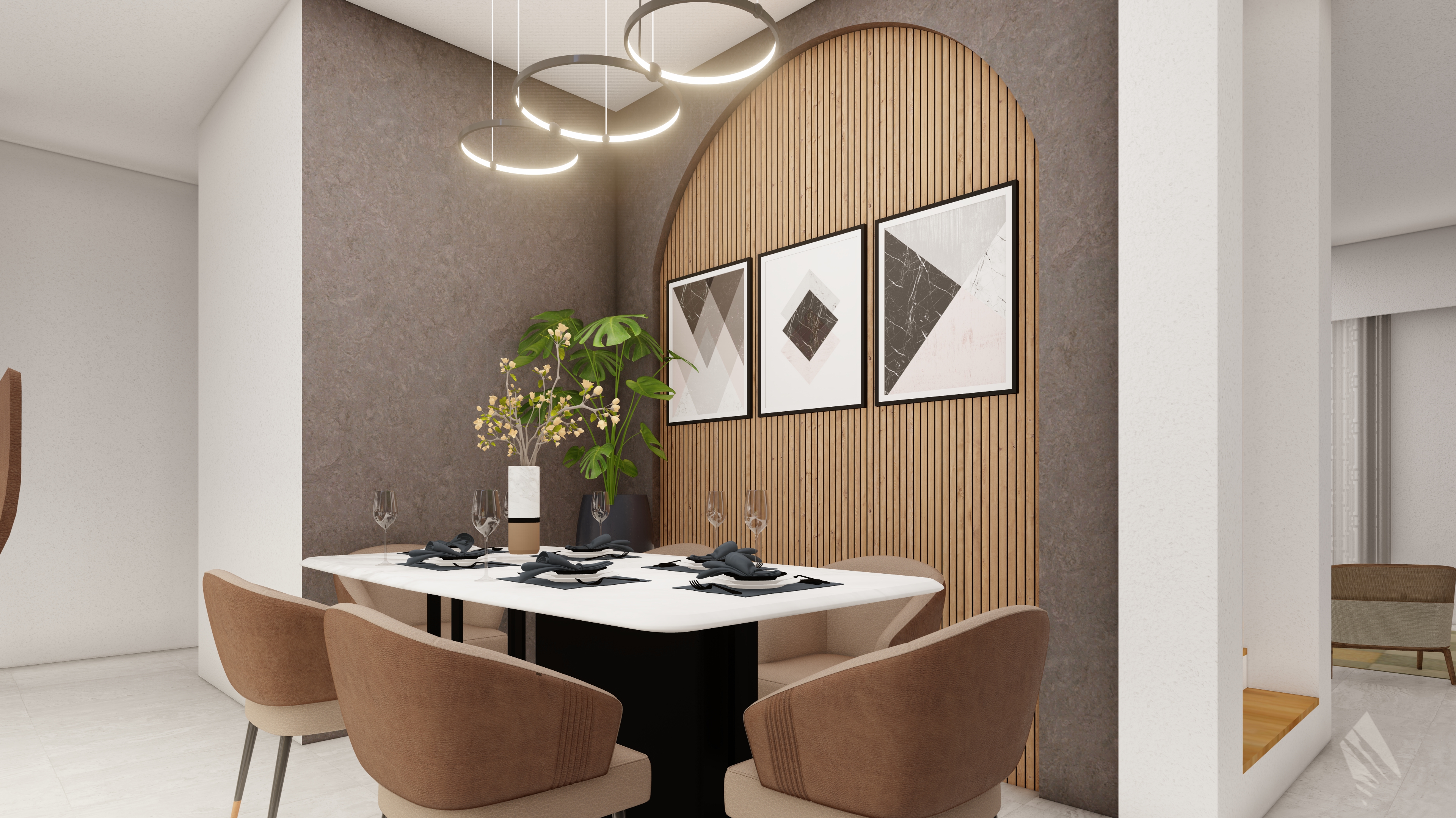 Elegant dining area with arched wood slat accent wall